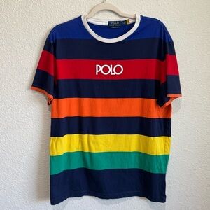 Polo Ralph Lauren Mens Medium Rainbow Striped Graphic Tshirt Retro Casual Boho
